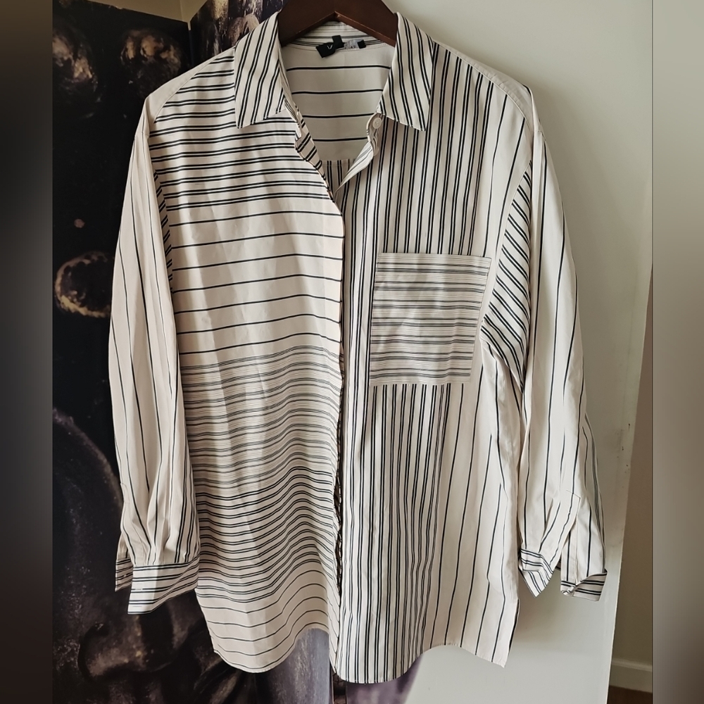 Lafayette 148 New York Cream and Black Striped Button-Down Shirt